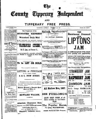 cover page of County Tipperary Independent and Tipperary Free Press published on November 2, 1907