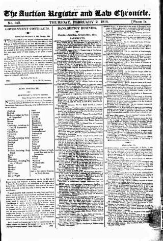 cover page of Law Chronicle, Commercial and Bankruptcy Register published on February 2, 1815