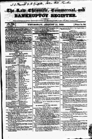 cover page of Law Chronicle, Commercial and Bankruptcy Register published on August 11, 1825