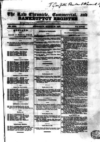 cover page of Law Chronicle, Commercial and Bankruptcy Register published on March 19, 1835