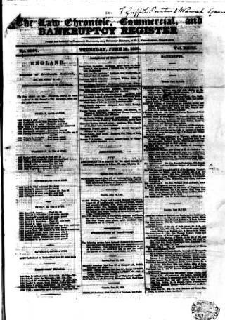 cover page of Law Chronicle, Commercial and Bankruptcy Register published on June 18, 1835