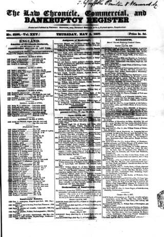 cover page of Law Chronicle, Commercial and Bankruptcy Register published on May 4, 1837