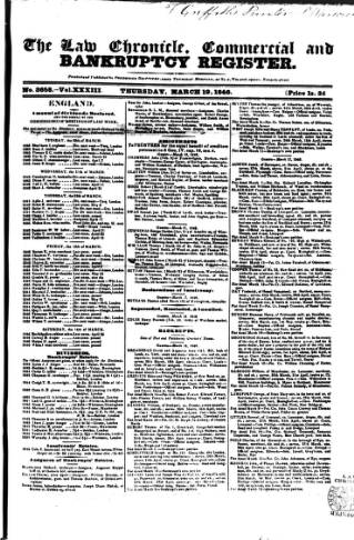 cover page of Law Chronicle, Commercial and Bankruptcy Register published on March 19, 1846