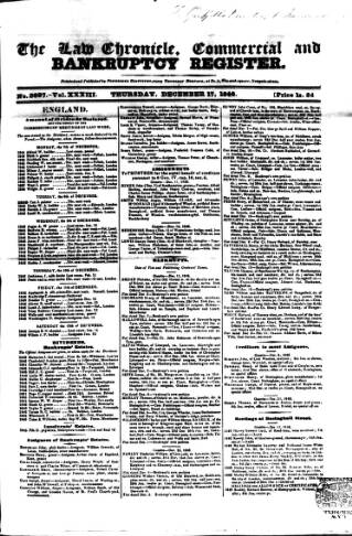 cover page of Law Chronicle, Commercial and Bankruptcy Register published on December 17, 1846
