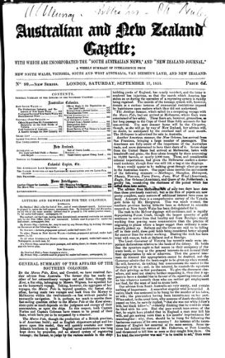 cover page of Australian and New Zealand Gazette published on September 17, 1853