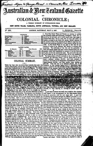 cover page of Australian and New Zealand Gazette published on May 2, 1857