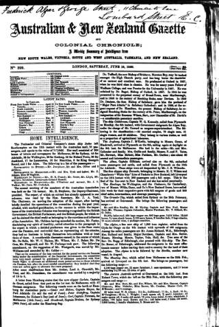 cover page of Australian and New Zealand Gazette published on June 18, 1859
