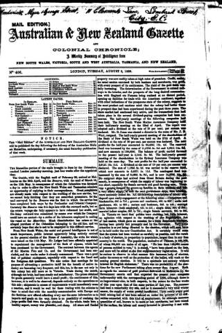 cover page of Australian and New Zealand Gazette published on August 2, 1859