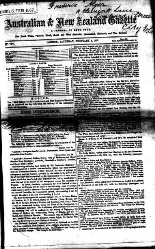 cover page of Australian and New Zealand Gazette published on February 2, 1867