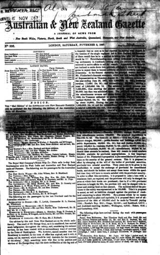 cover page of Australian and New Zealand Gazette published on November 2, 1867