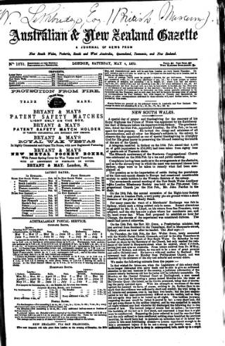 cover page of Australian and New Zealand Gazette published on May 4, 1872