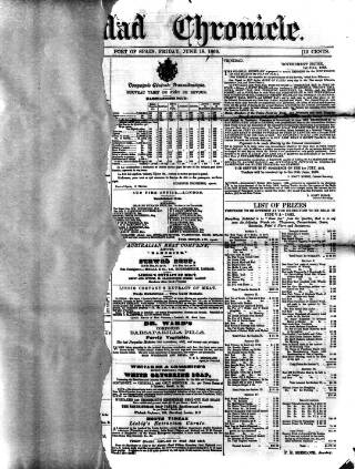 cover page of Trinidad Chronicle published on June 18, 1869