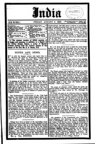 cover page of India published on August 2, 1912