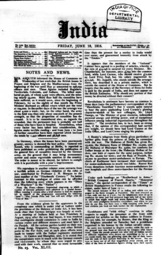 cover page of India published on June 18, 1915