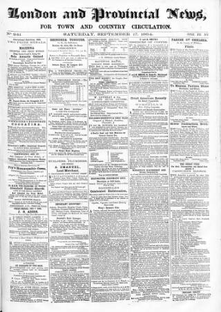 cover page of London & Provincial News and General Advertiser published on September 17, 1864