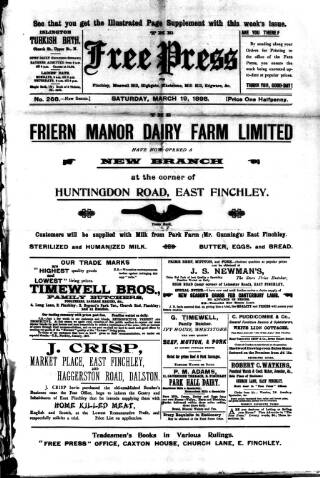 cover page of Finchley Press published on March 19, 1898