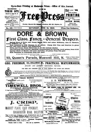 cover page of Finchley Press published on June 18, 1898