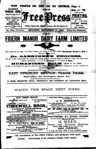 cover page of Finchley Press published on September 17, 1898
