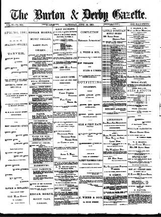 cover page of Burton & Derby Gazette published on June 18, 1881