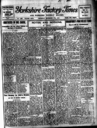cover page of Yorkshire Factory Times published on September 17, 1914
