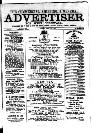 cover page of Commercial, Shipping & General Advertiser for West Cornwall published on June 18, 1870
