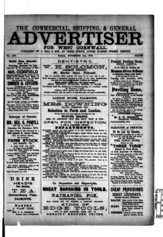 cover page of Commercial, Shipping & General Advertiser for West Cornwall published on November 2, 1878