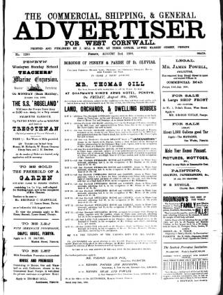 cover page of Commercial, Shipping & General Advertiser for West Cornwall published on August 2, 1890