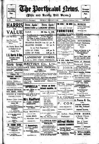 cover page of Porthcawl News published on February 2, 1922