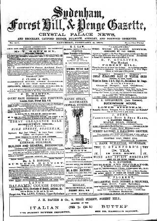 cover page of Sydenham, Forest Hill & Penge Gazette published on February 2, 1878