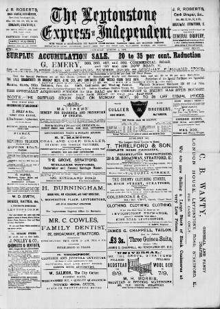 cover page of Leytonstone Express and Independent published on August 2, 1884