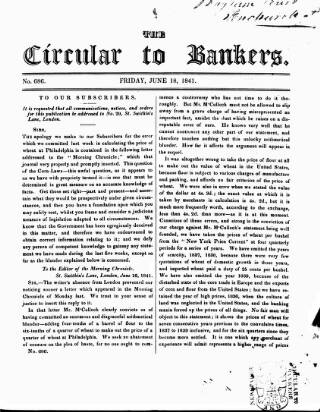 cover page of Bankers' Circular published on June 18, 1841