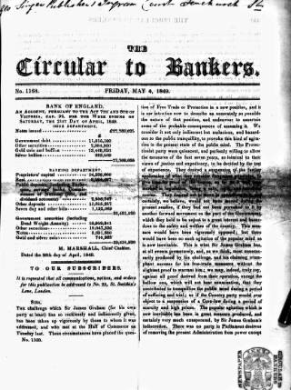 cover page of Bankers' Circular published on May 4, 1849