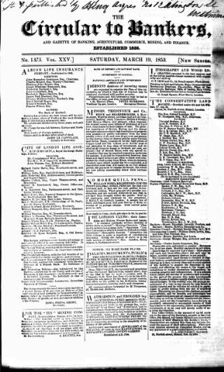 cover page of Bankers' Circular published on March 19, 1853