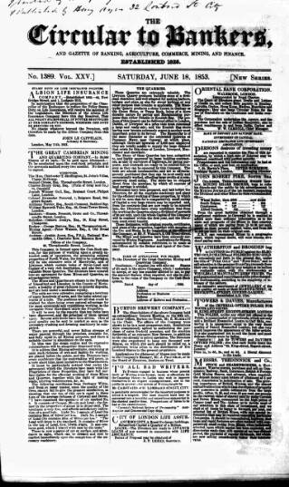 cover page of Bankers' Circular published on June 18, 1853
