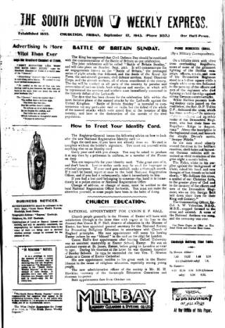 cover page of South Devon Weekly Express published on September 17, 1943