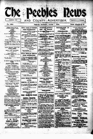 cover page of Peebles News published on August 2, 1919