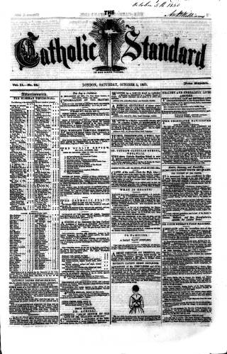 cover page of Weekly Register and Catholic Standard published on October 5, 1850