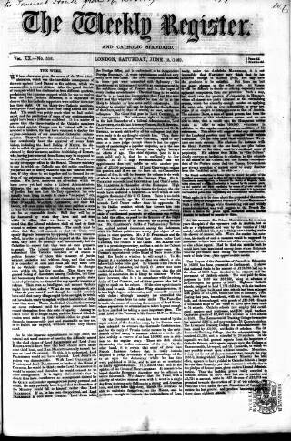 cover page of Weekly Register and Catholic Standard published on June 18, 1859