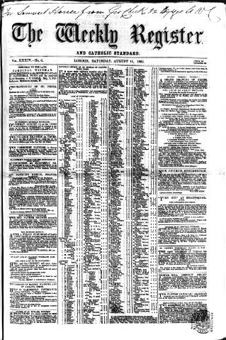 cover page of Weekly Register and Catholic Standard published on August 11, 1866