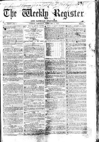 cover page of Weekly Register and Catholic Standard published on February 2, 1867
