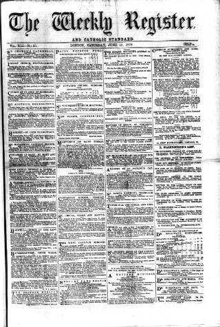 cover page of Weekly Register and Catholic Standard published on June 18, 1870