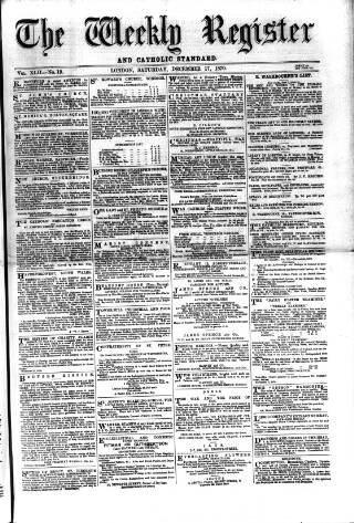 cover page of Weekly Register and Catholic Standard published on December 17, 1870
