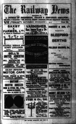cover page of Railway News published on November 2, 1912