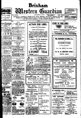 cover page of Brixham Western Guardian published on September 17, 1914