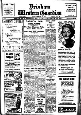 cover page of Brixham Western Guardian published on November 2, 1944