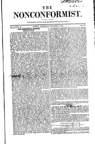 cover page of Nonconformist published on November 2, 1842