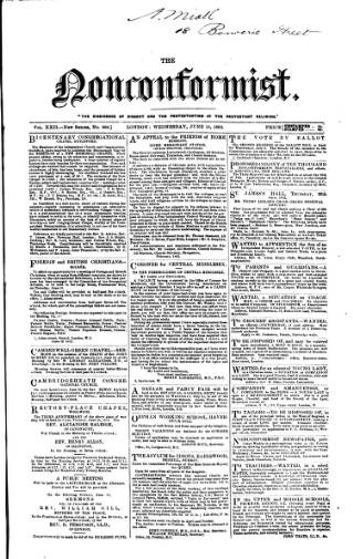cover page of Nonconformist published on June 18, 1862