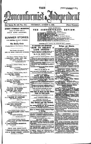 cover page of Nonconformist published on August 2, 1888