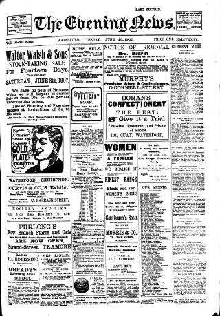 cover page of Evening News (Waterford) published on June 18, 1907