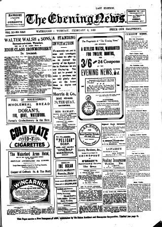 cover page of Evening News (Waterford) published on February 2, 1909